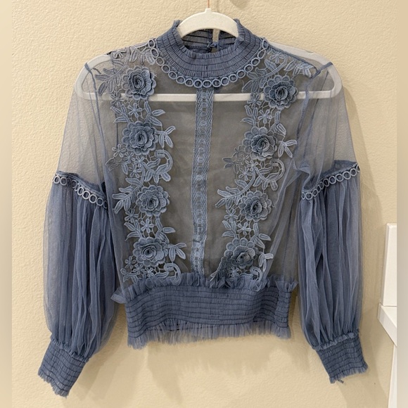 Tops - Sheer Floral Embroidered Mock Neck Top - Blue